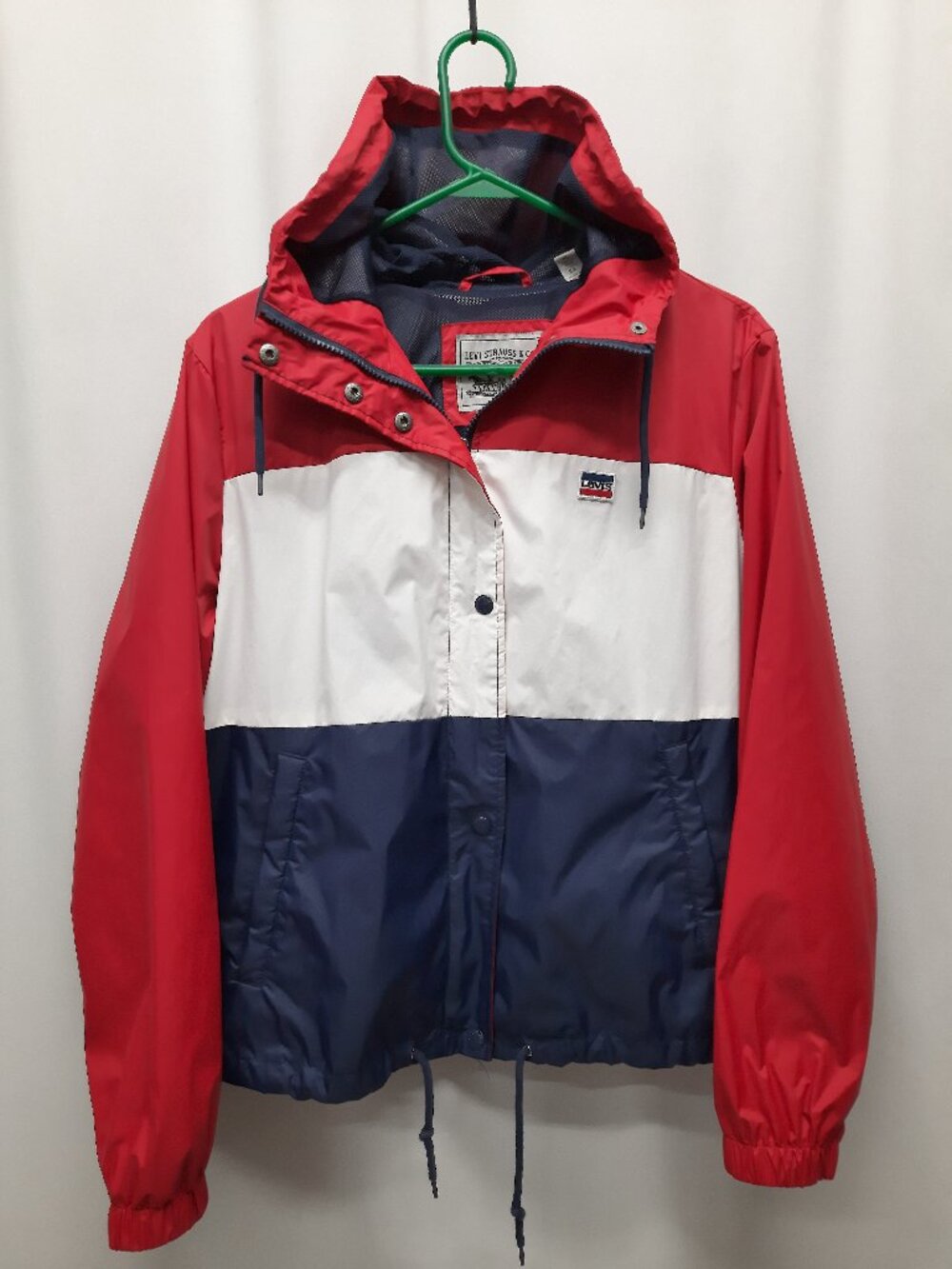 Levis Womens Windbreaker Jacket XL Red White Blue Hooded Zip Vintage Colorblock
